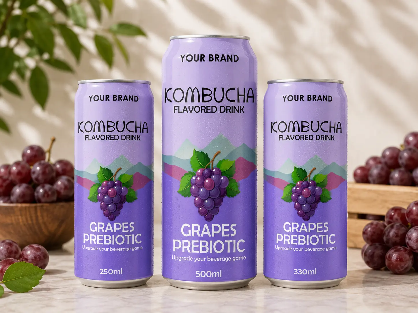 KOMBUCHA DRINK Grapes Prebiotic in 250ml, 330ml and 500ml cans.